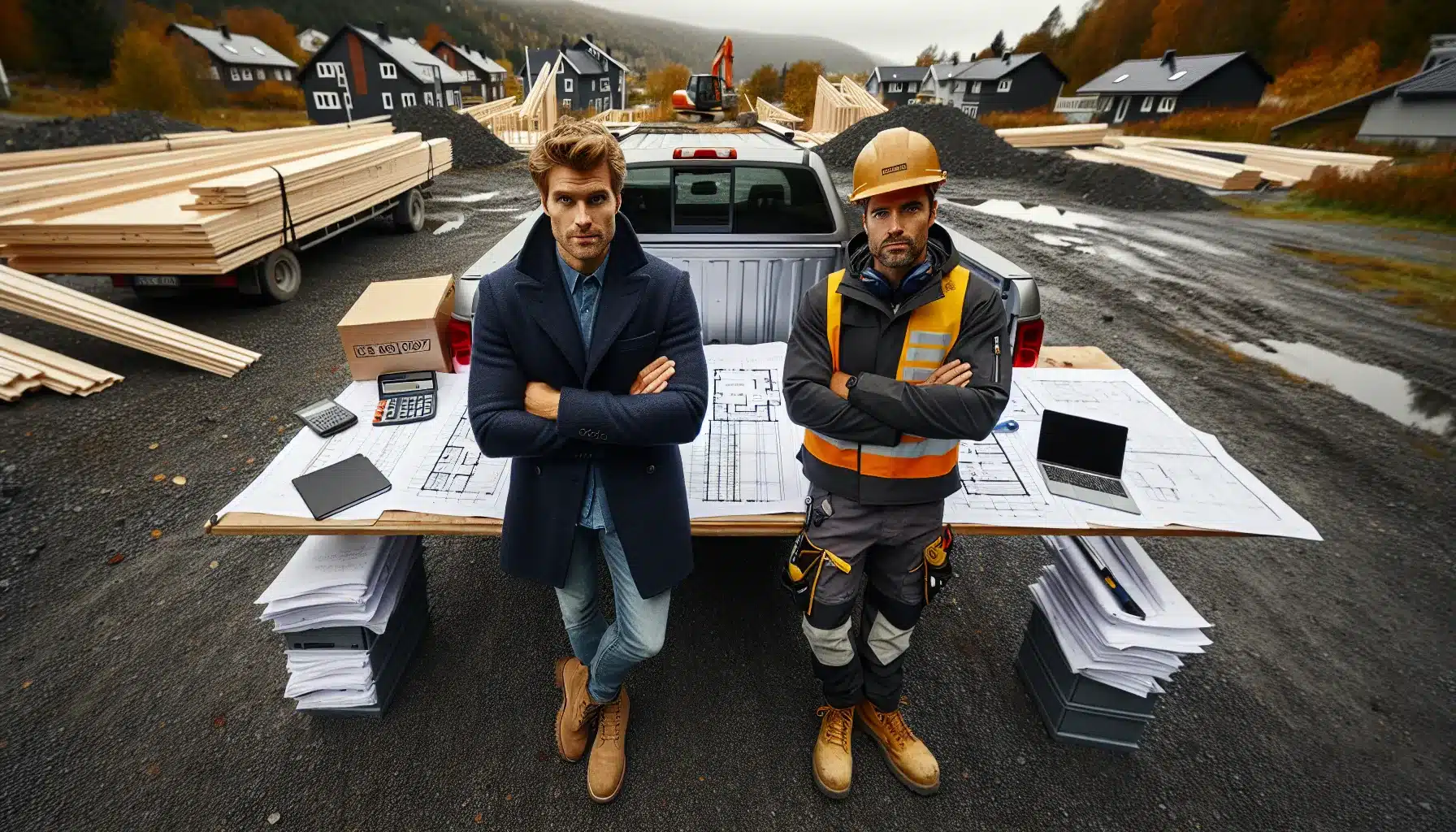 Homeowner and contractor compare bids and contracts at a norwegian building site