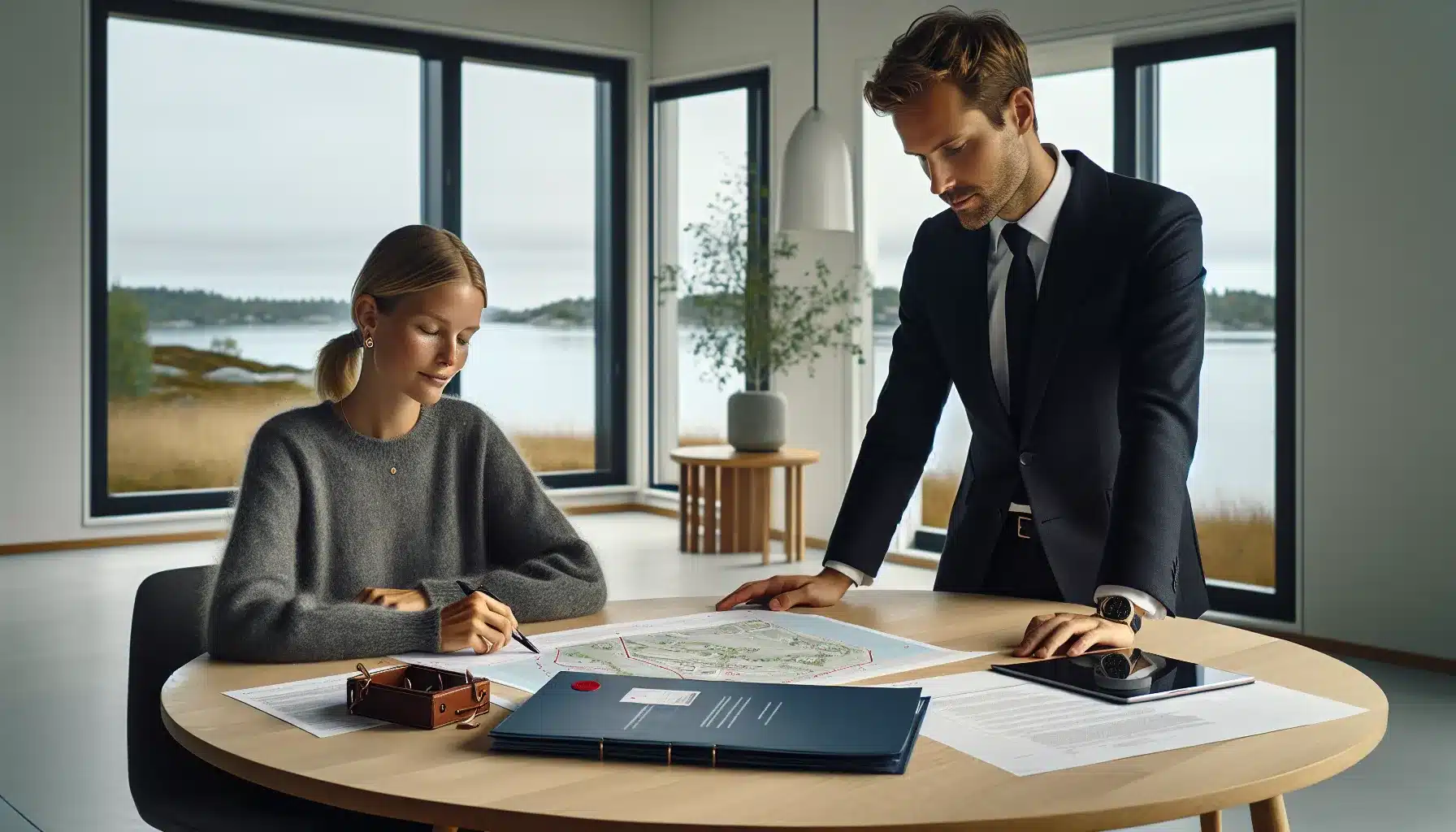 Homeowner and lawyer reviewing norwegian property documents with keys and cadastral map