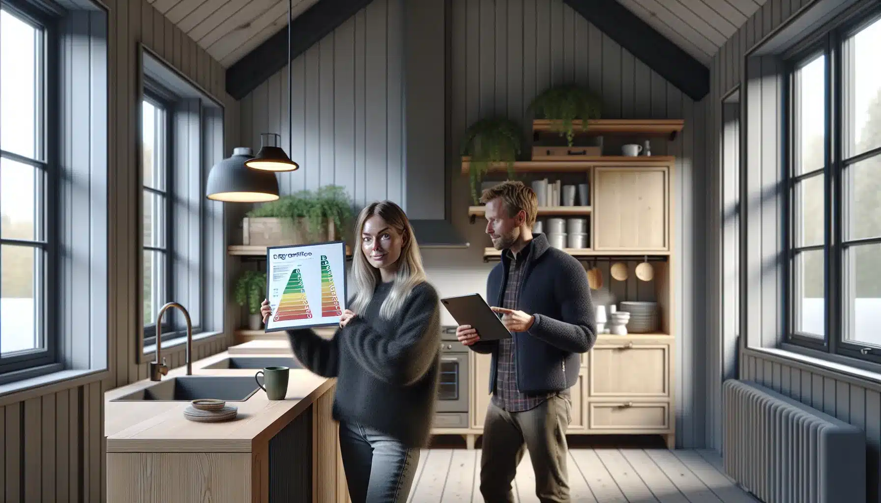 Homeowner reviews norwegian energy label with adviser in bright modern kitchen