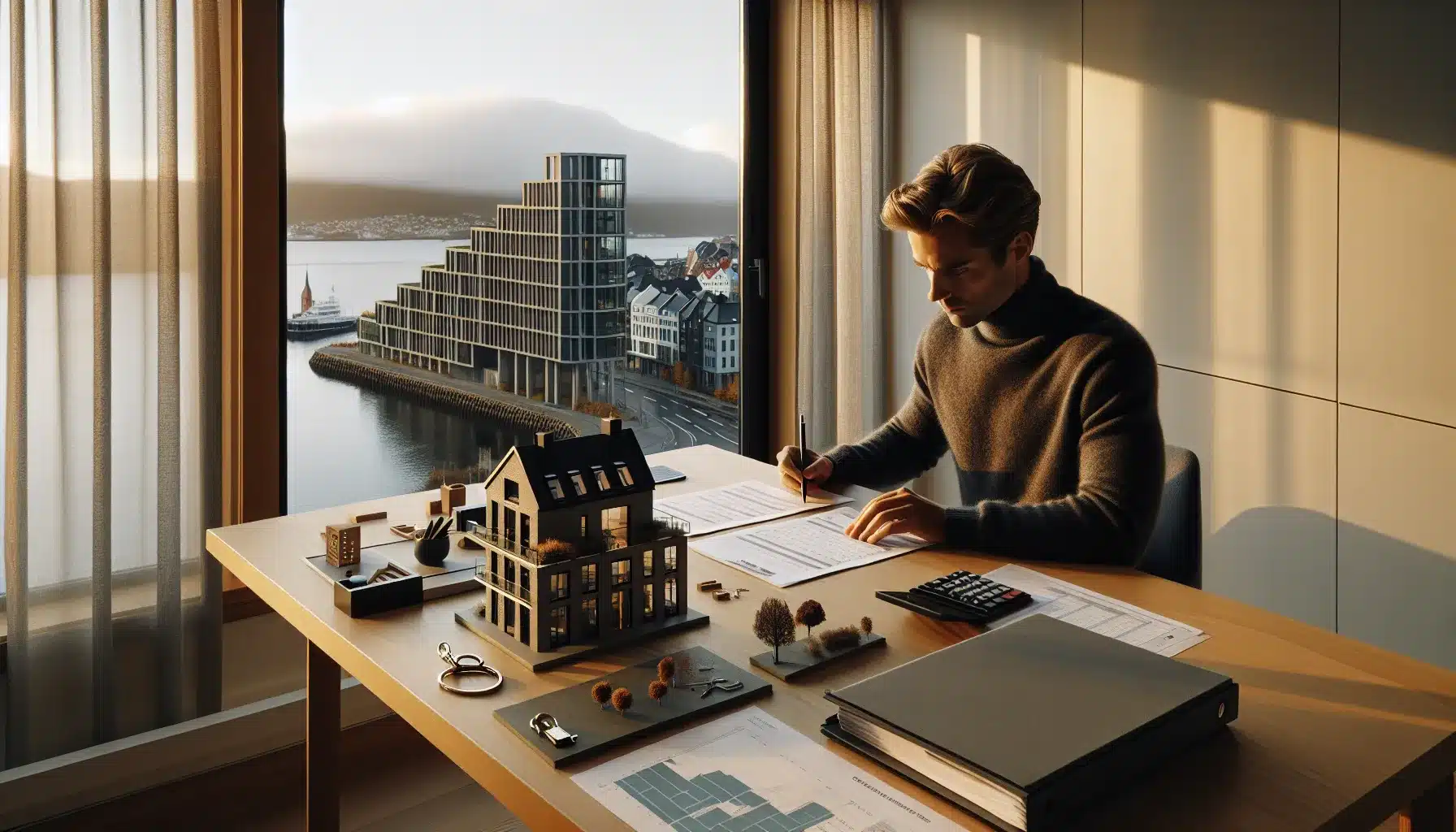 Investor reviews norwegian property finances by window with oslo skyline at sunset