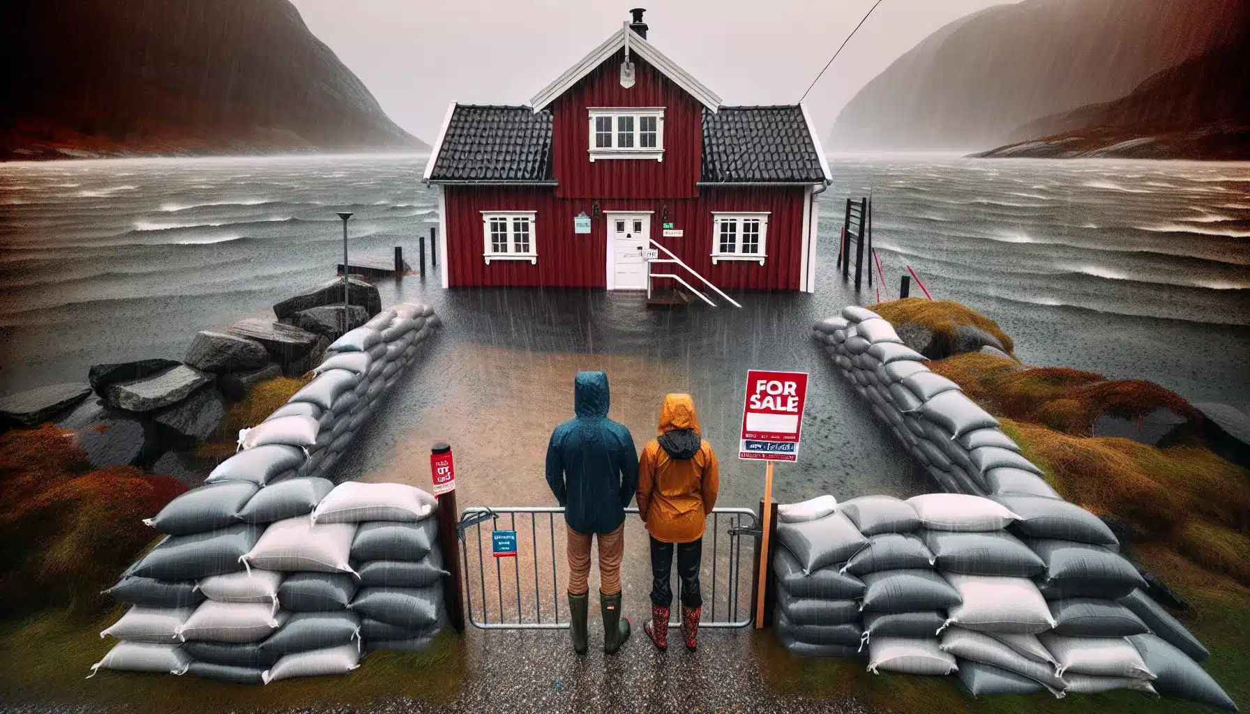 Norwegian coastal house for sale with flood barriers couple reviewing risk map