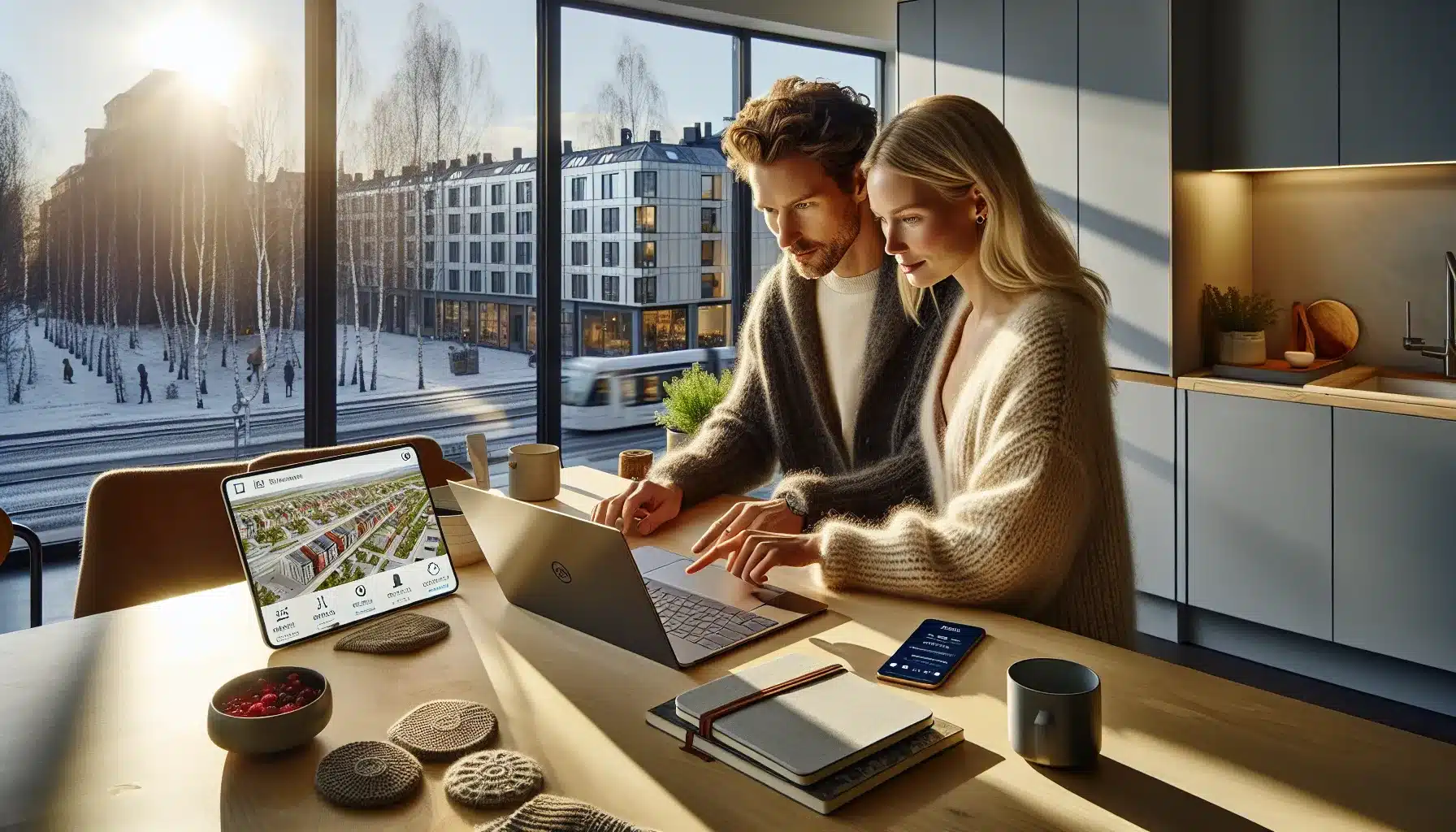 Norwegian couple using laptop and phone to find and e sign their perfect home