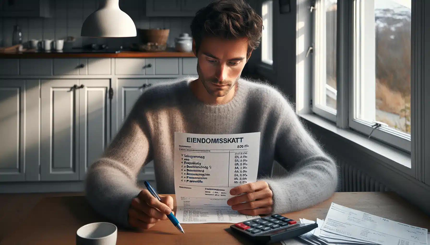 Norwegian homeowner reviews property tax invoice with calculator at a winter lit table