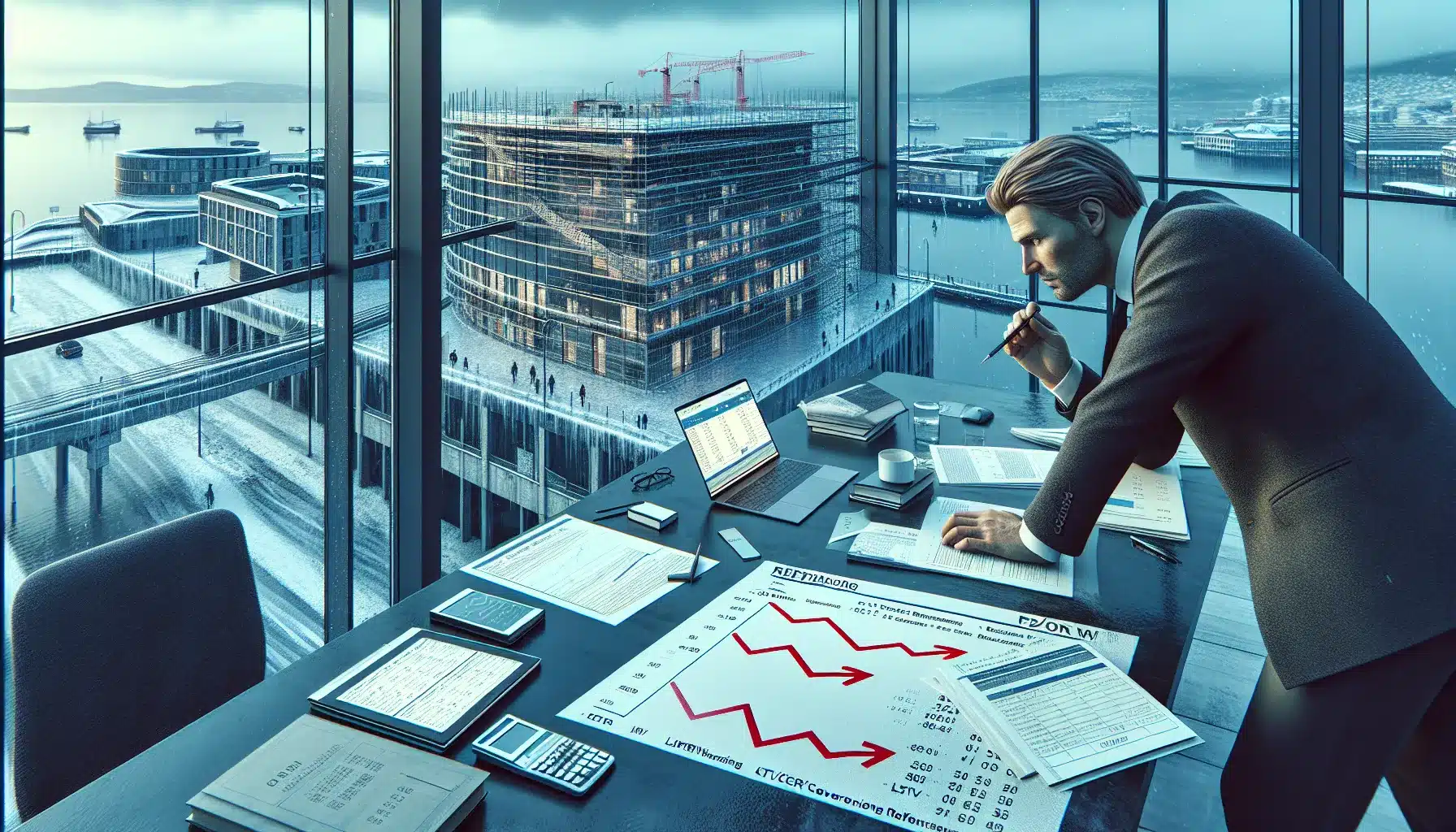 Norwegian property investor reviews refinancing and esg upgrades overlooking oslo in winter