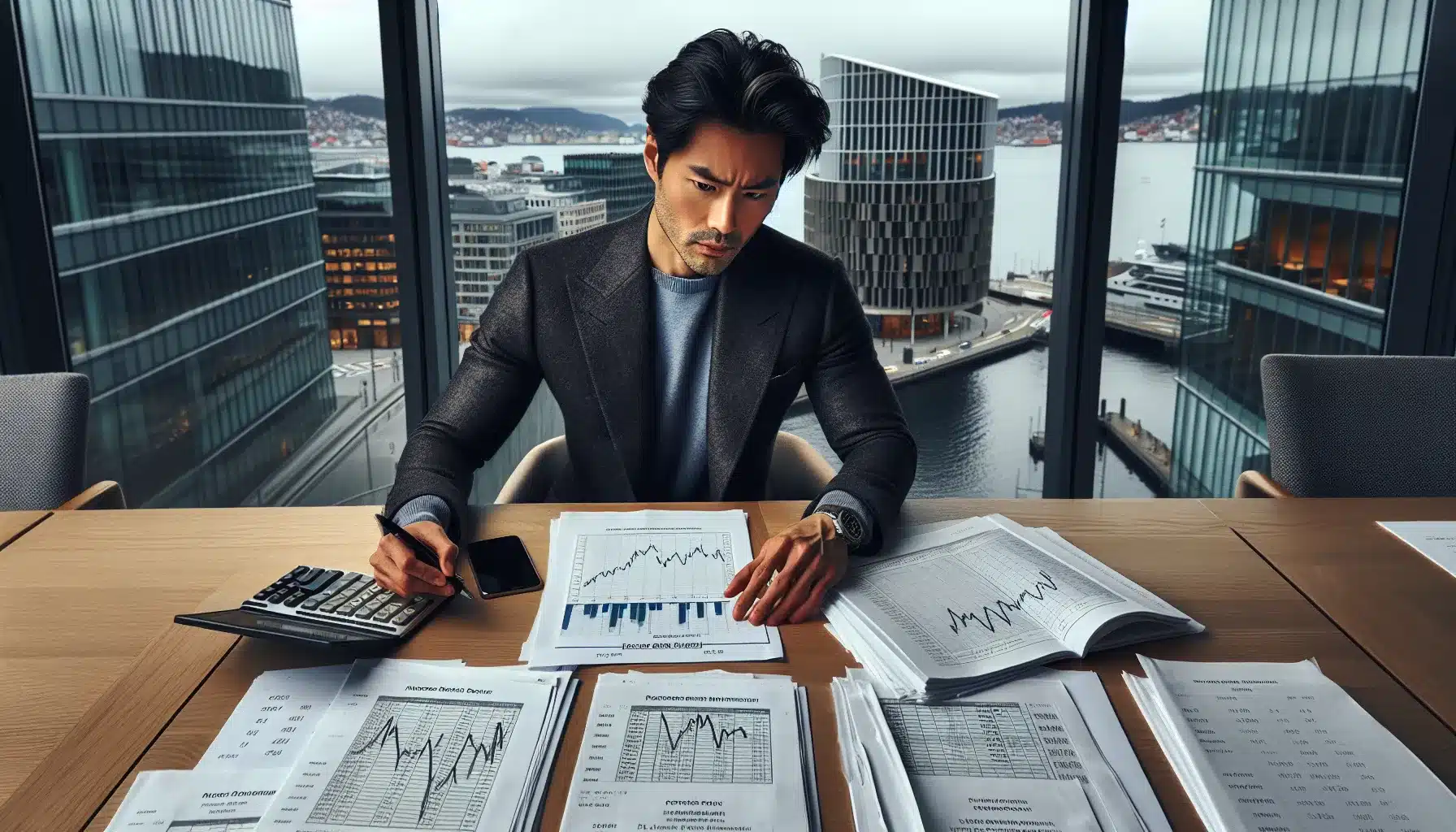 Norwegian real estate investor reviews interest rate charts overlooking oslo skyline