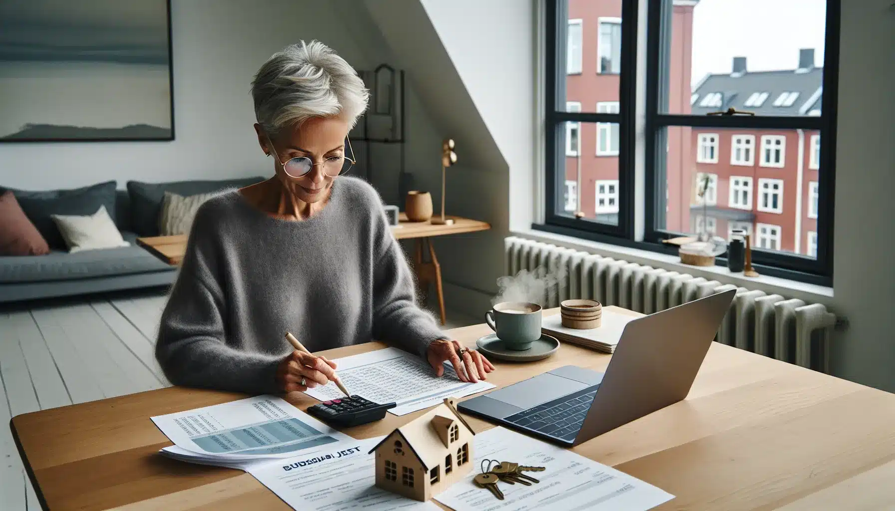 Norwegian retiree reviews property investment papers at home with oslo apartments outside