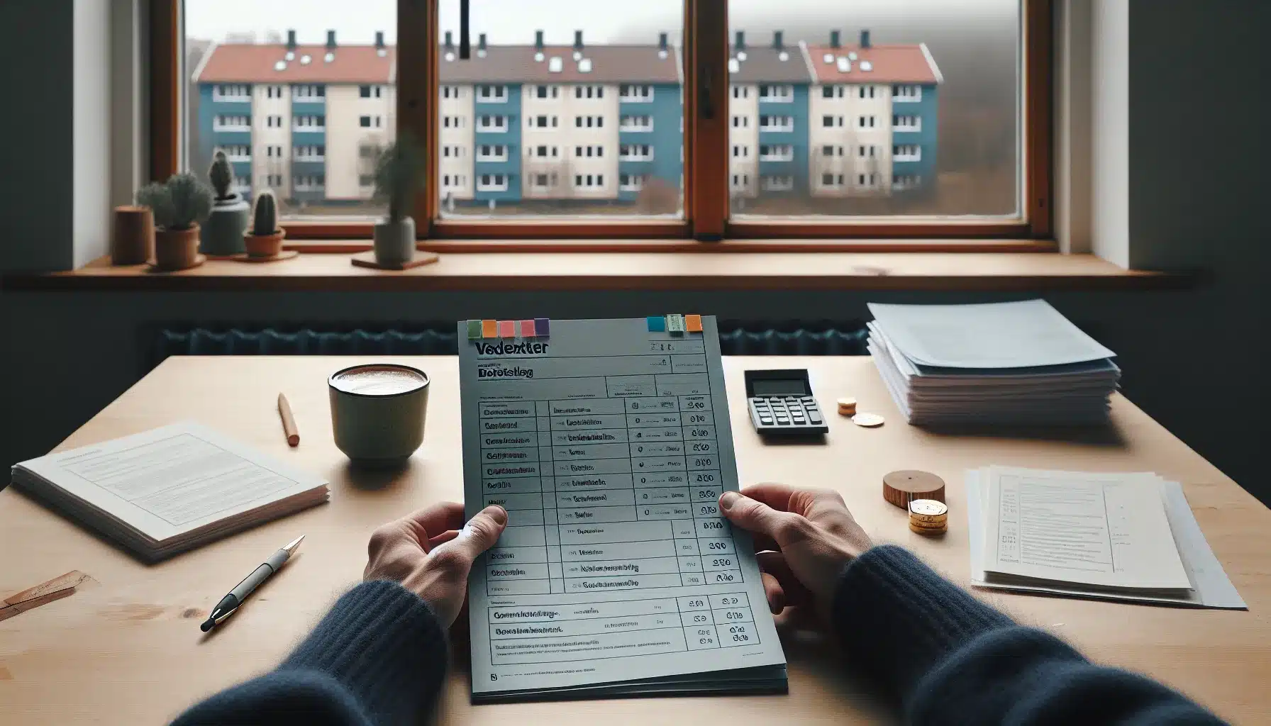 Resident reviewing borettslag bylaws and documents at a norwegian meeting table