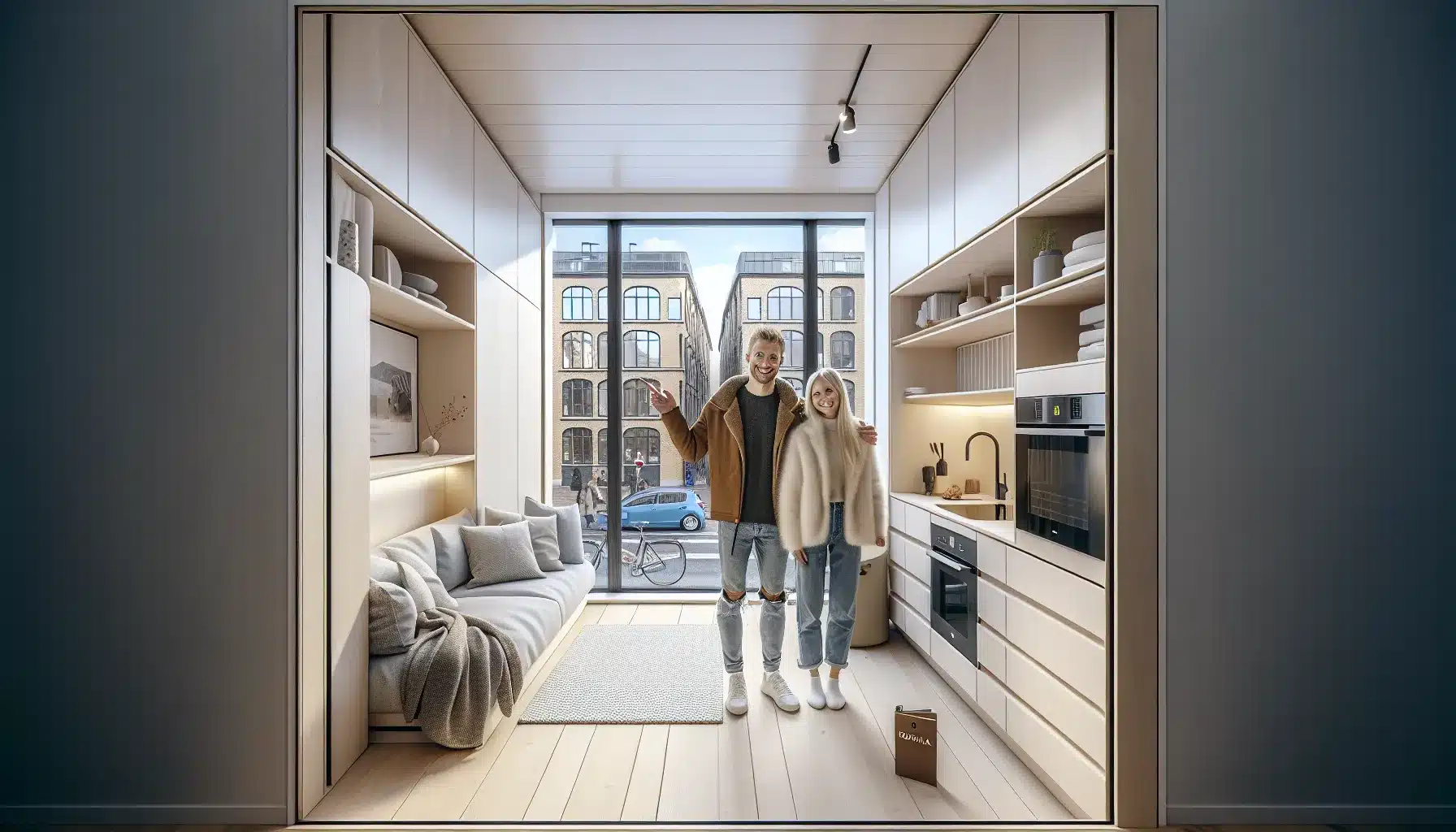 Young couple receiving keys in a compact central norwegian apartment with city tram